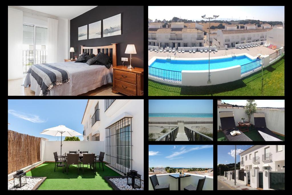 een collage van foto's van een hotel met zwembad bij Casa Jaime in Vejer de la Frontera