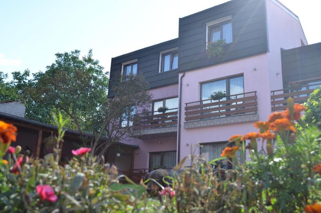 a building with flowers in front of it at Pensiunea Andy in Braşov