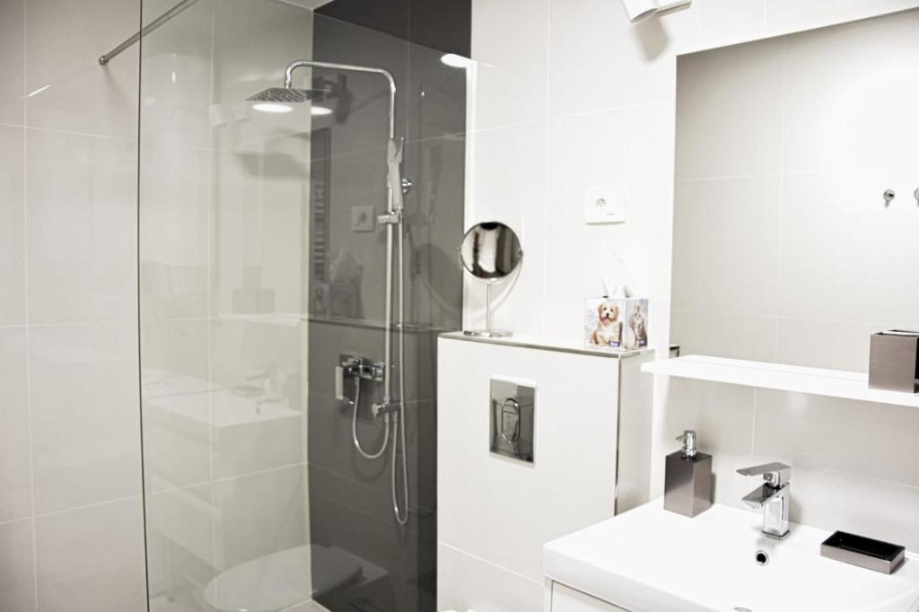 ein weißes Bad mit einer Dusche und einem Waschbecken in der Unterkunft Apartment Nona in Šmrika