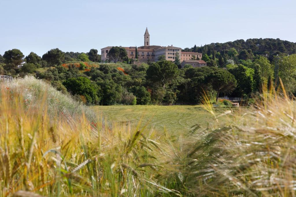 un gran edificio en la cima de una colina en un campo en Monestir de Les Avellanes, en Os de Balaguer