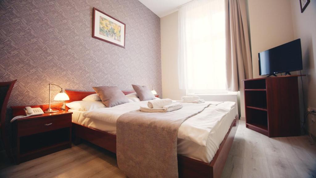 pokój hotelowy z łóżkiem i telewizorem w obiekcie Aqua Villa Eger w Egerze