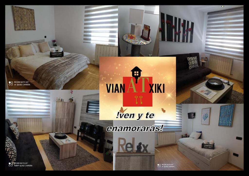 a collage of photos of a living room with a bed and a living room at Vianatxiki in Viana