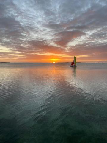 基拉戈的住宿－Bahia Bay Resort，日落时分在水面上的帆船
