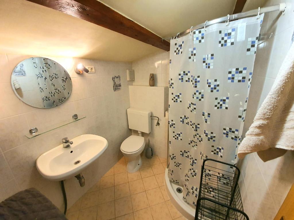 uma casa de banho com um lavatório, um WC e um chuveiro em Apartment Eos em Strunjan