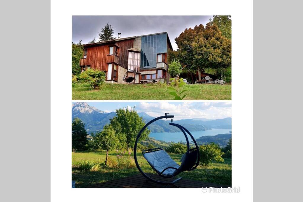 zwei Bilder von einem Haus und einem Stuhl auf einem Feld in der Unterkunft Belle maison Vue imprenable lac de Serre-Ponçon in Prunières