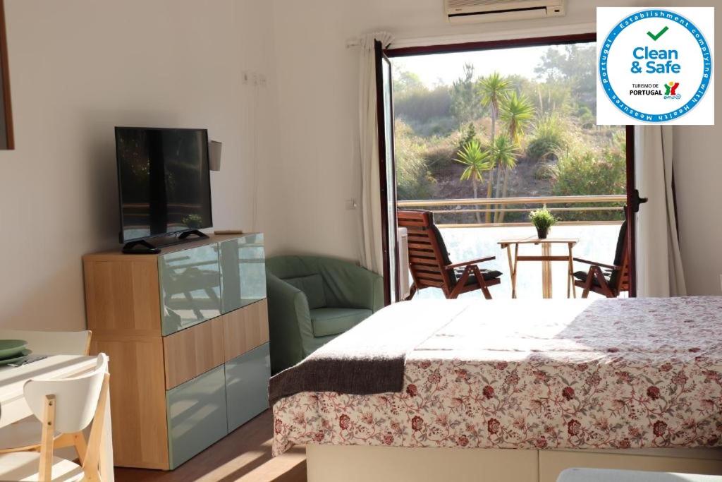 a bedroom with a bed and a television and a balcony at Ericeira Sea&Sun Apartment 2 in Ericeira