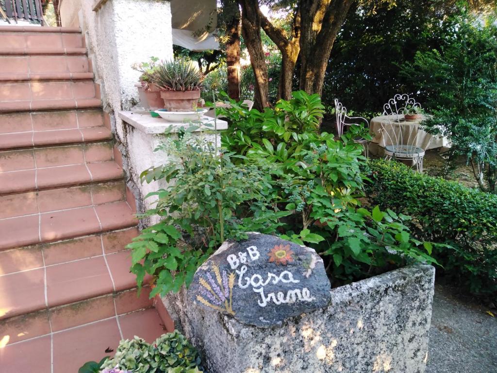 a garden with a sign on a rock next to some plants at Casa Irene in Torri di Quartesolo