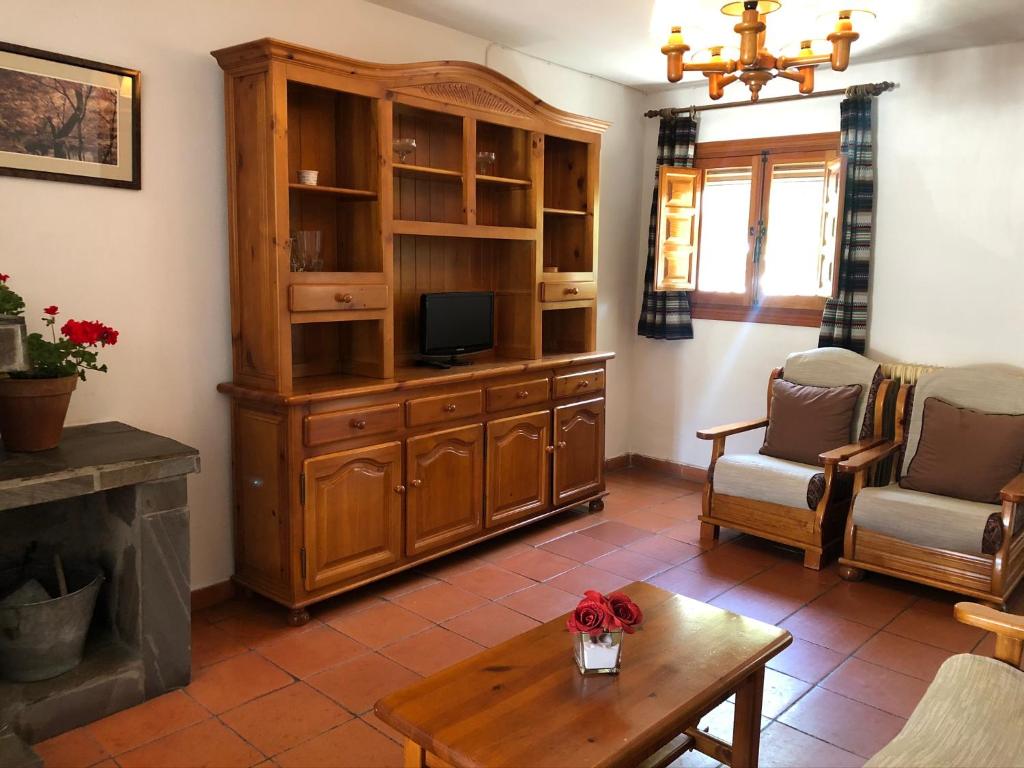 sala de estar con TV y chimenea en Apartamentos Rurales Poqueira en Capileira