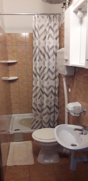 a bathroom with a toilet and a shower curtain at Delfin Apartments in Sveti Juraj