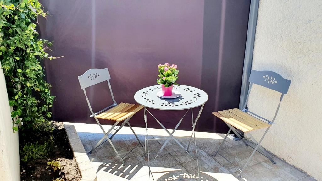 un tavolo con due sedie e un vaso di fiori di "LE TRAMWAY" Appartement 150m gare des Aubrais a Fleury-les-Aubrais