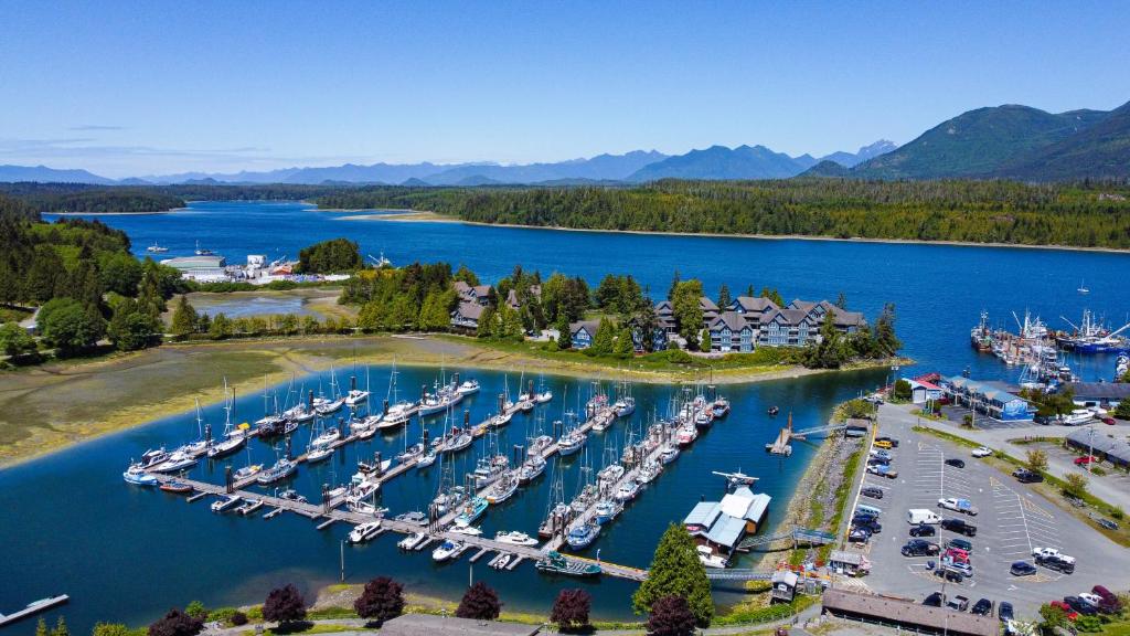 an aerial view of a marina with boats in the water at The Moorage in Ucluelet