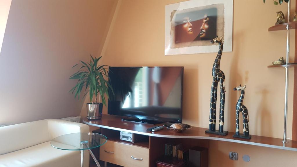 a living room with a couch and a television at DAVIO dla 2 osób in Międzyzdroje