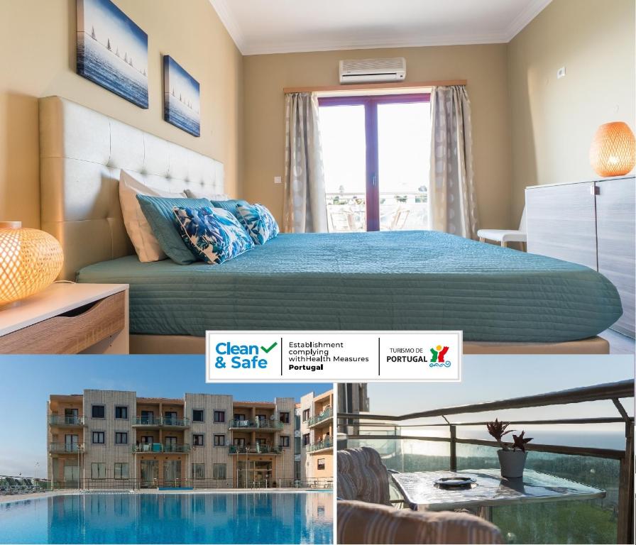 um quarto de hotel com uma cama e uma piscina em Beach House Ericeira na Ericeira