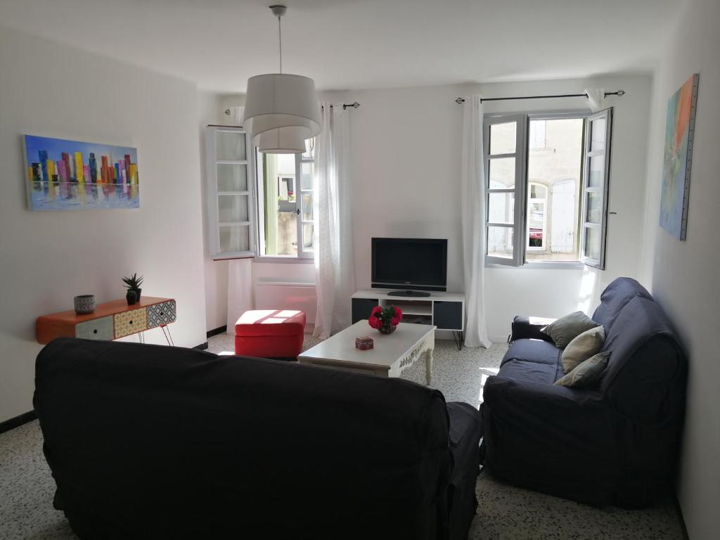 a living room with a couch and a tv at BEL APPARTEMENT SPACIEUX CENTRE VILLE UZES T3 in Uzès