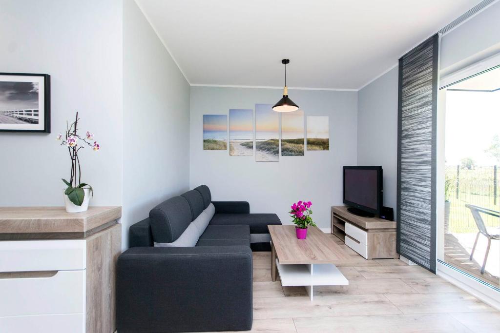a living room with a couch and a tv at Wyspa Sobieszewska Apartament nad morzem Sobieszewo in Gdańsk