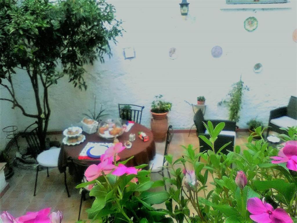 Lungro的住宿－Casamuseo del Risorgimento，粉红色花房里的一张桌子和椅子