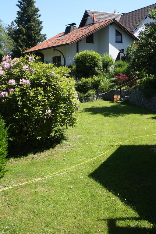 a yard with a house and a lawn with bushes at Haus am Mühlberg in Fischbachtal