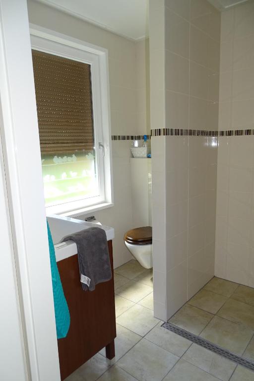 baño con aseo y lavabo y ventana en Beekse Brink, en Loerbeek