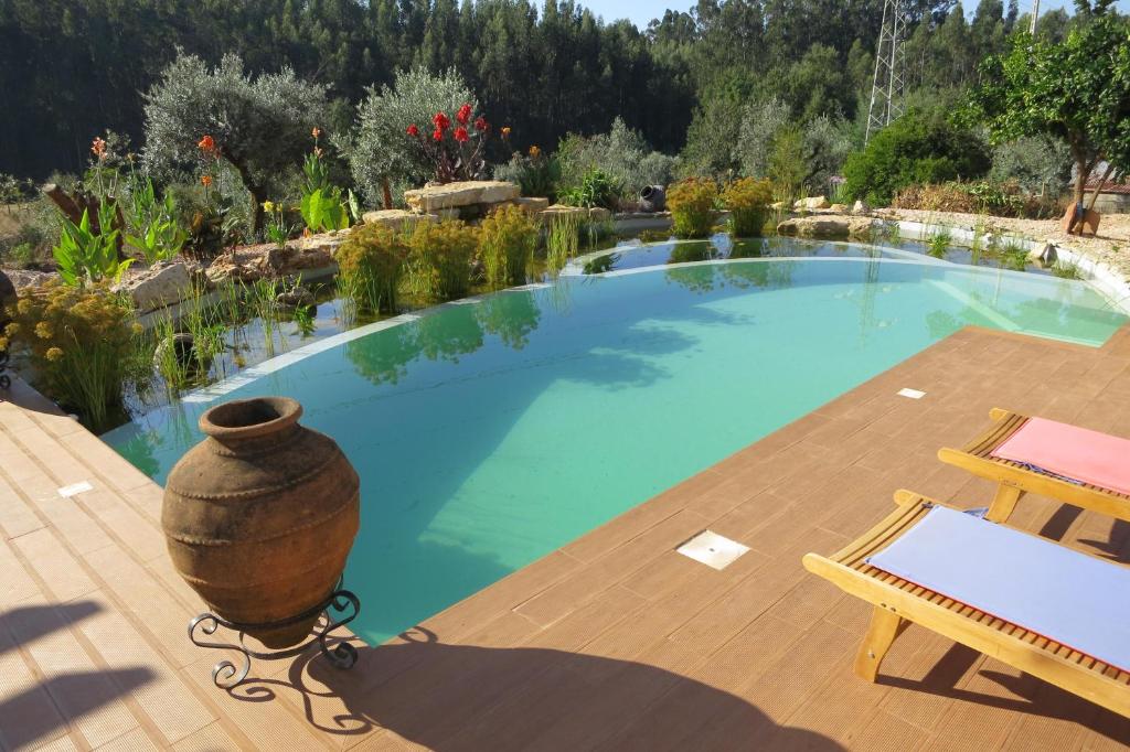 a large swimming pool with a table and a vase at Casa Azul self-catering apartment with gorgeous biological swimming pool in Avelar