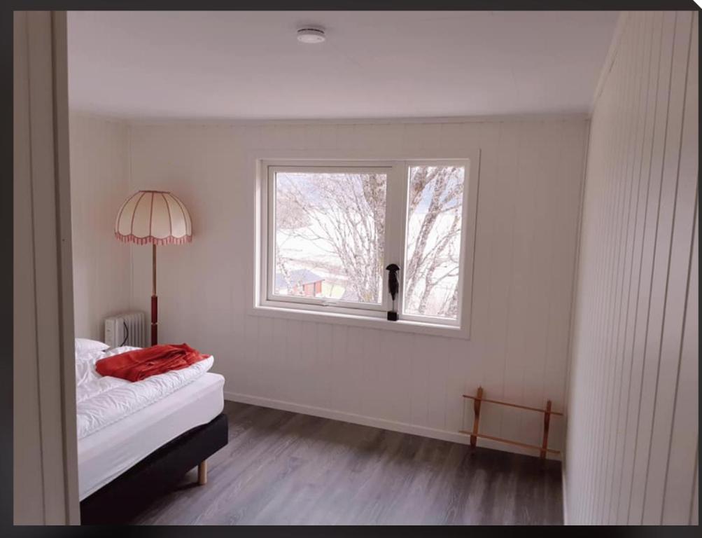 a white room with a bed and a window at Graceland Norway in Foldereid