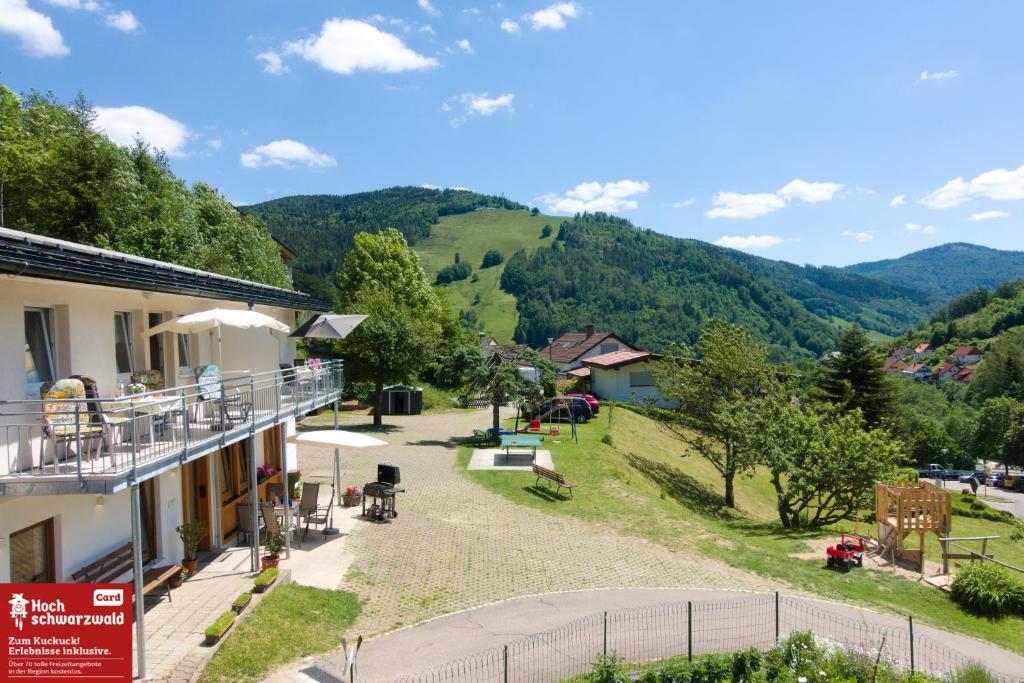 a view from the balcony of a house with mountains in the background at Steiert Panorama Apartments Todtnau in Todtnau