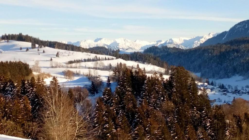 a snowy mountain with trees and snow covered mountains at Ferienwohnung Stroh in Missen-Wilhams