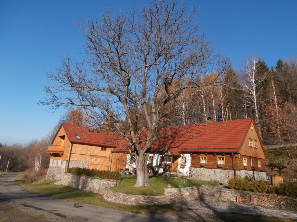 a house with a tree in front of it at Das Lux-Häusla in Kąty Bystrzyckie