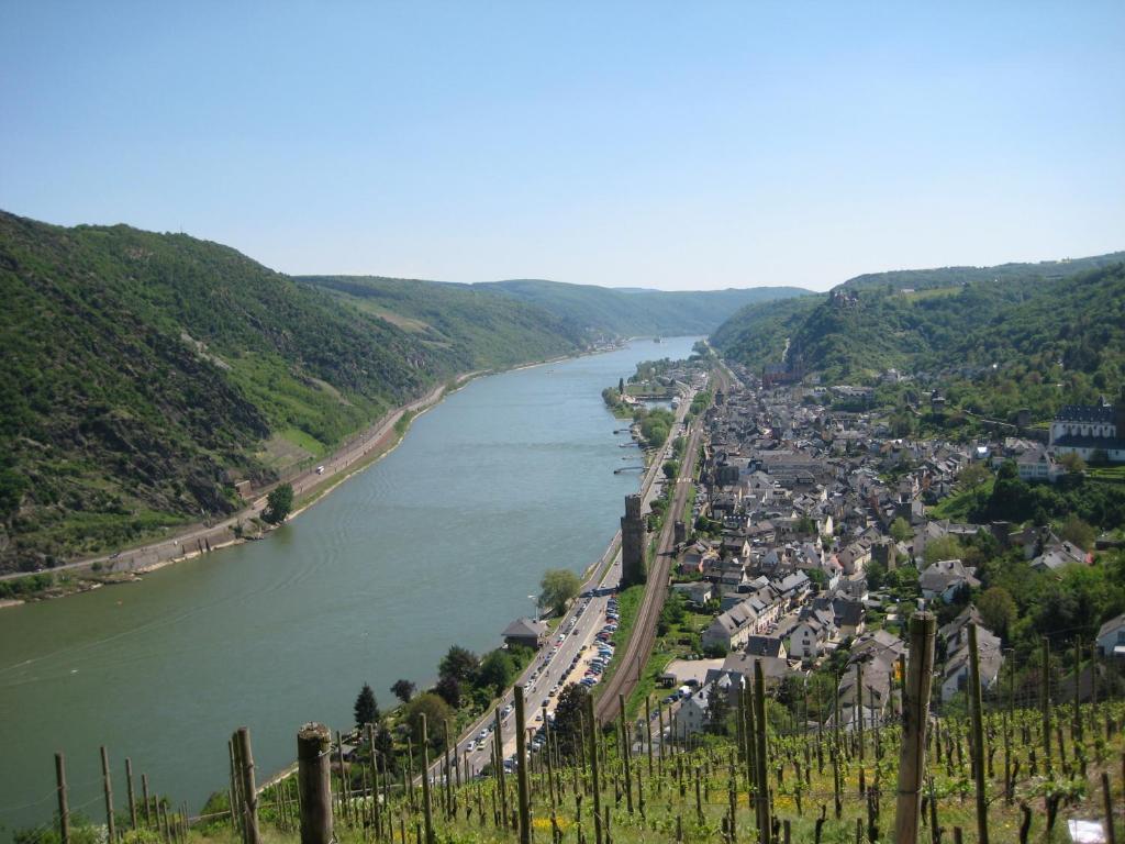 Blick auf einen Fluss mit Stadt und Stadt in der Unterkunft Ferienwohnungen Engelsgaertchen in Oberwesel