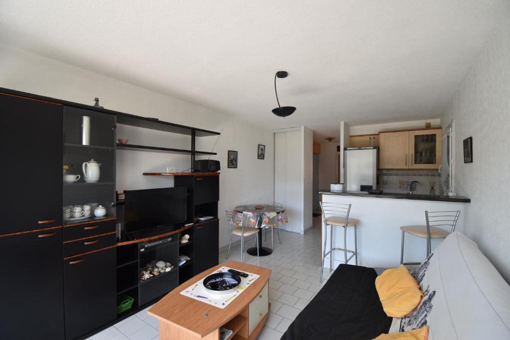 a living room with a couch and a kitchen at Appartement Proche plage in Le Grau-du-Roi