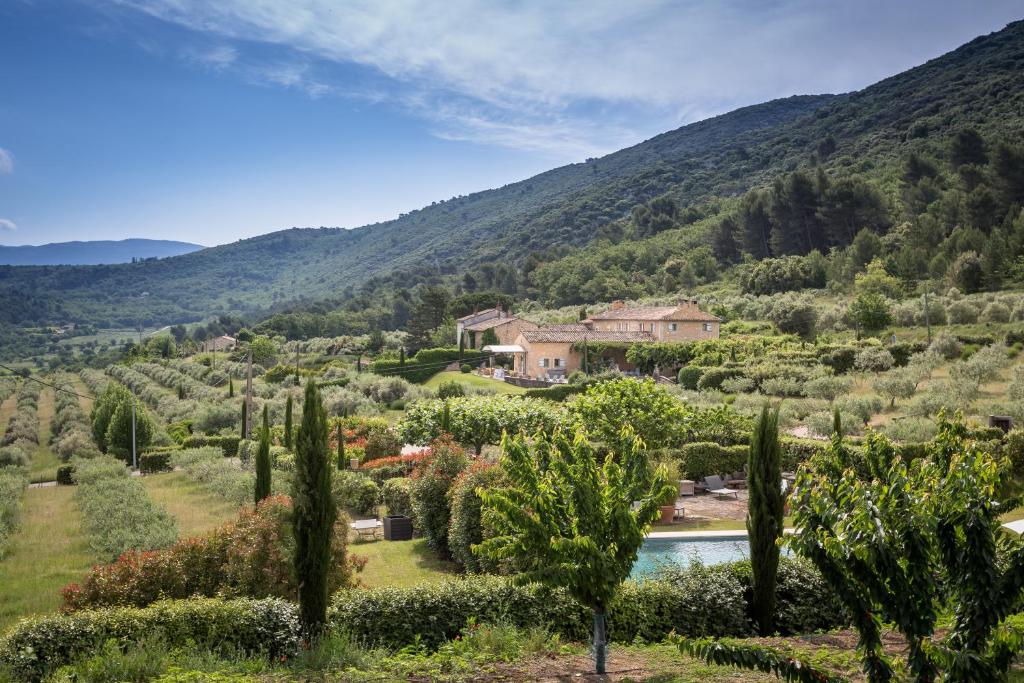 a villa in a valley with a pool and trees at La Ferme du Haut Trigaud in Bonnieux