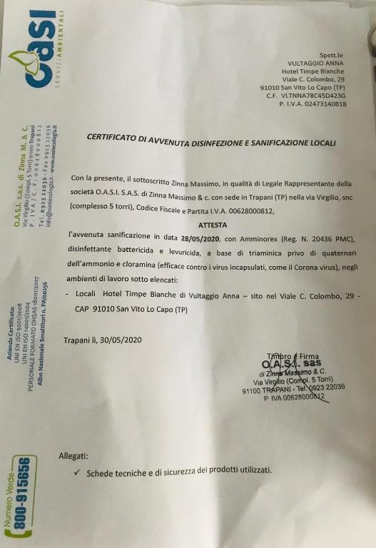 Certifikát, hodnocení, plakát nebo jiný dokument vystavený v ubytování B&B Timpe Bianche