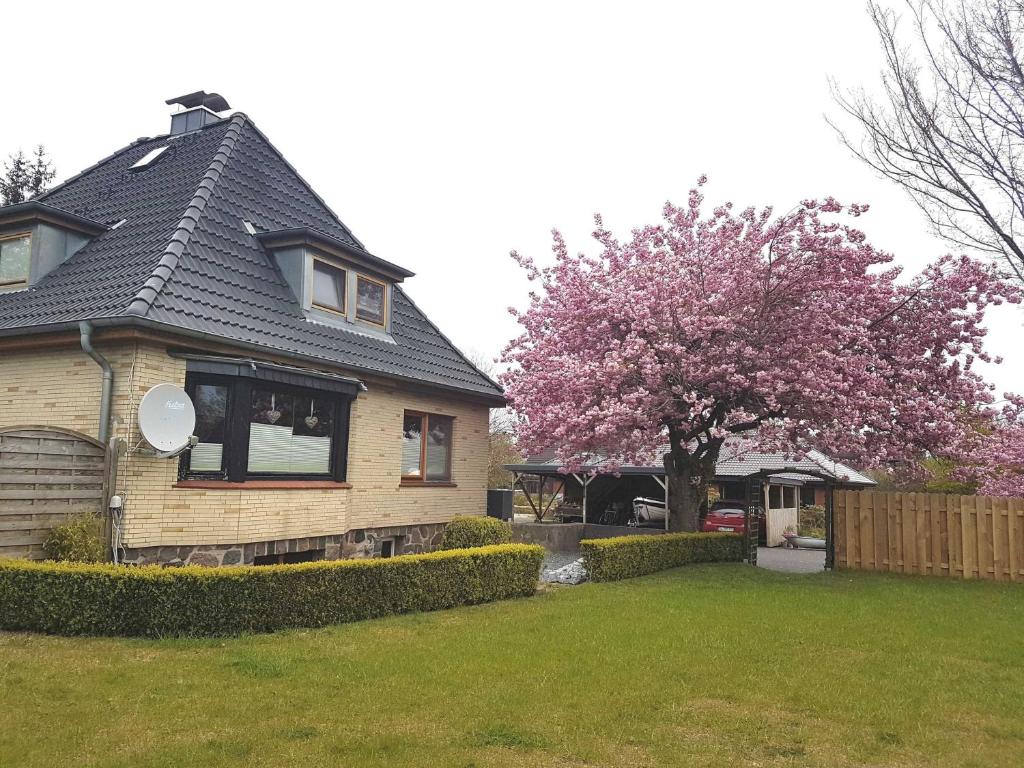 une maison avec un arbre à fleurs dans une cour dans l'établissement Haus am Kirschbaum, à Sieverstedt