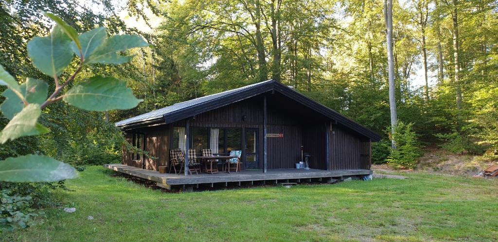 a wooden cabin with a table and chairs in a yard at Camp Wild West in Höör