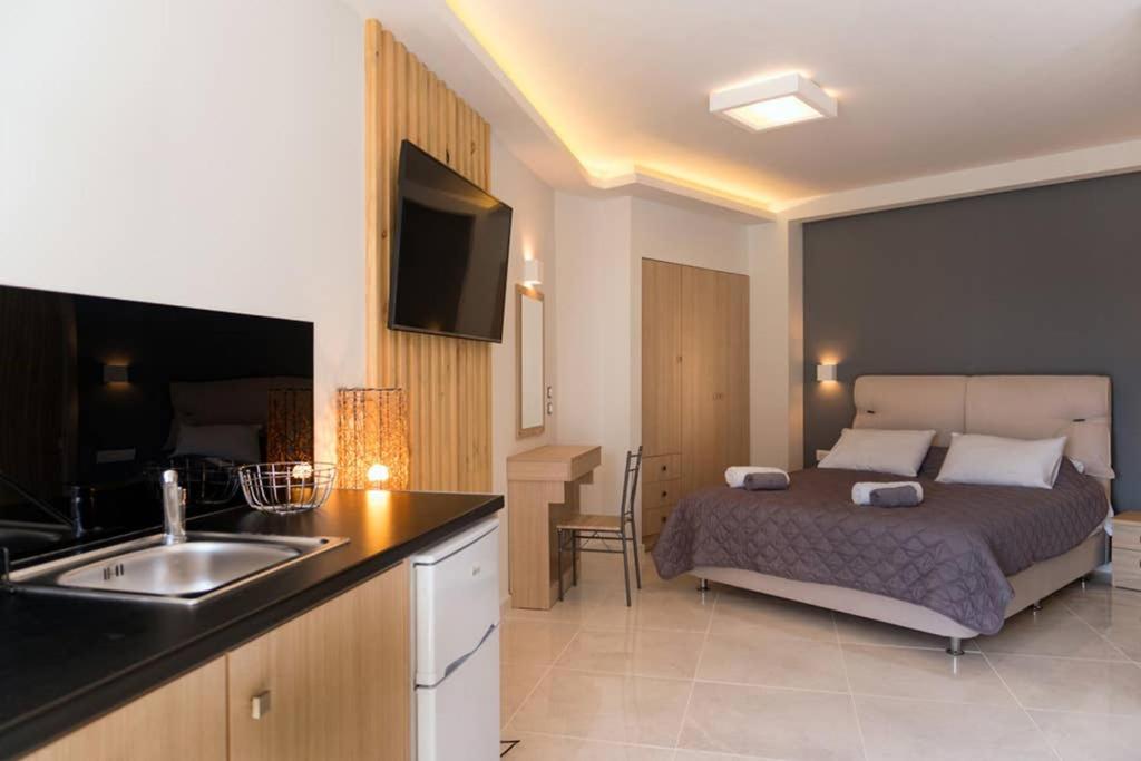 a bedroom with a bed and a kitchen with a sink at Beach Luxury Suite in Tsilivi