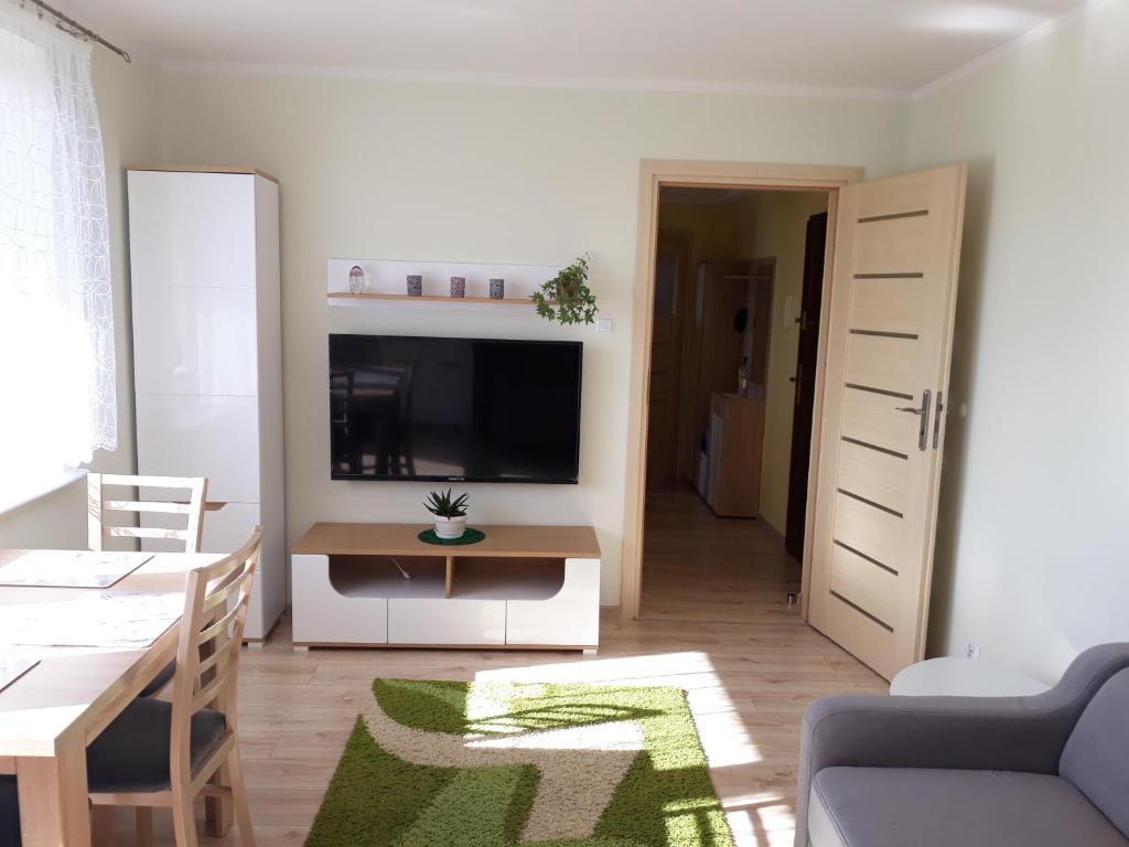 ein Wohnzimmer mit einem TV, einem Sofa und einem Tisch in der Unterkunft Apartament BRYZA in Darłowo