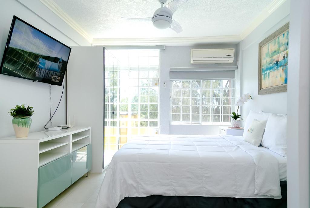 a white bedroom with a large bed and a tv at Choose To Be Happy at Seymour # 9 and #16 - Studio Apartments in Kingston