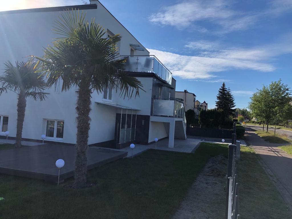 a white building with a palm tree in front of it at Apartamenty U Ewy in Ustka