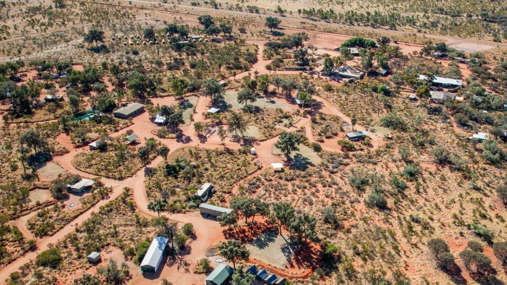 an aerial view of a village with trees at Kings Creek Station in Kings Canyon