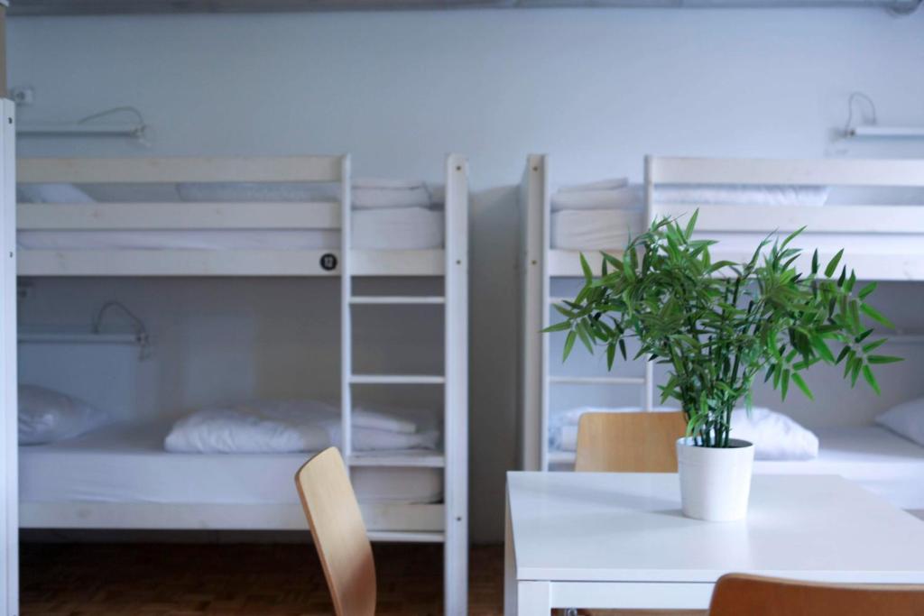 C - Punkt Hostel في ليوبليانا: طاولة وكراسي في غرفة مع سرير بطابقين