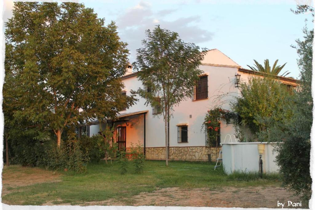 una casa blanca con árboles delante de ella en La Aragonesa, en Marmolejo