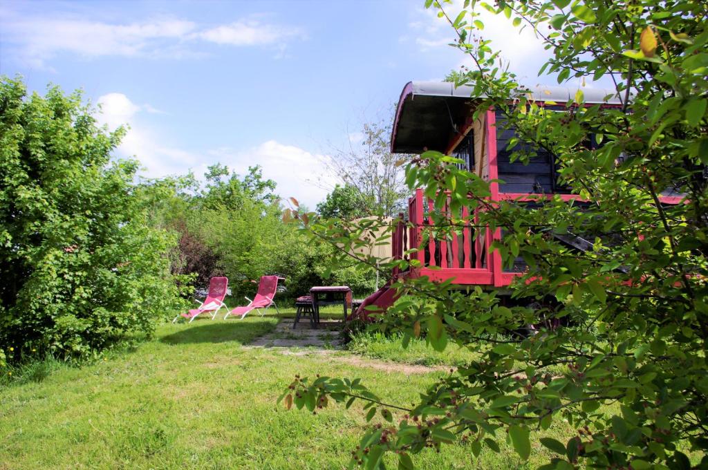 um grupo de cadeiras cor-de-rosa e uma mesa num quintal em Les Roulottes et Cabanes du Livradois em Cunlhat