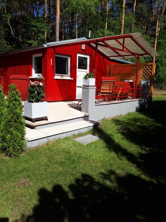 eine rote Hütte mit einer Veranda und Stühlen im Hof in der Unterkunft Ferienhaus am Langen See II in Heidesee