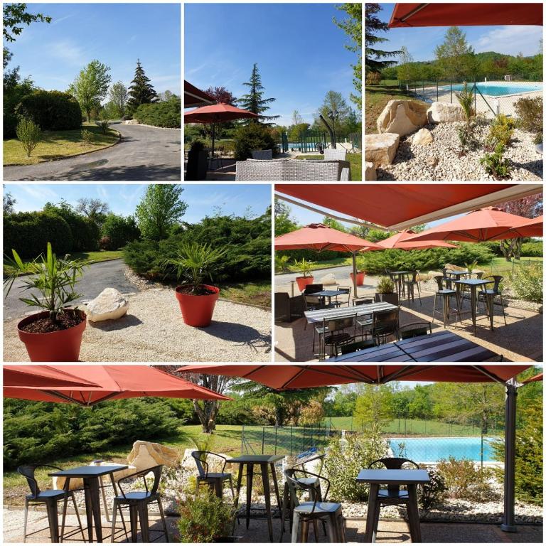 a collage of four pictures of tables and umbrellas at Logis Hôtel Auberge de Cartassac in Sarrazac