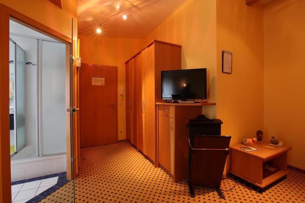 ルクセンブルクにあるAu P'tit Max - Studios hotelの廊下、テレビ、ドアが備わる客室です。