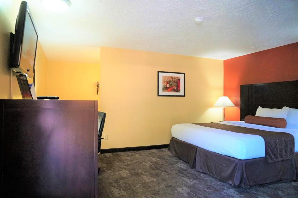 ein Hotelzimmer mit einem Bett und einem Flachbild-TV in der Unterkunft McMinnville Inn in McMinnville