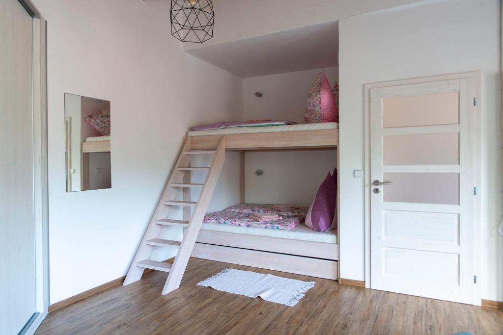 a room with a bunk bed with a ladder at Apartmán u Větrníku in Jihlava