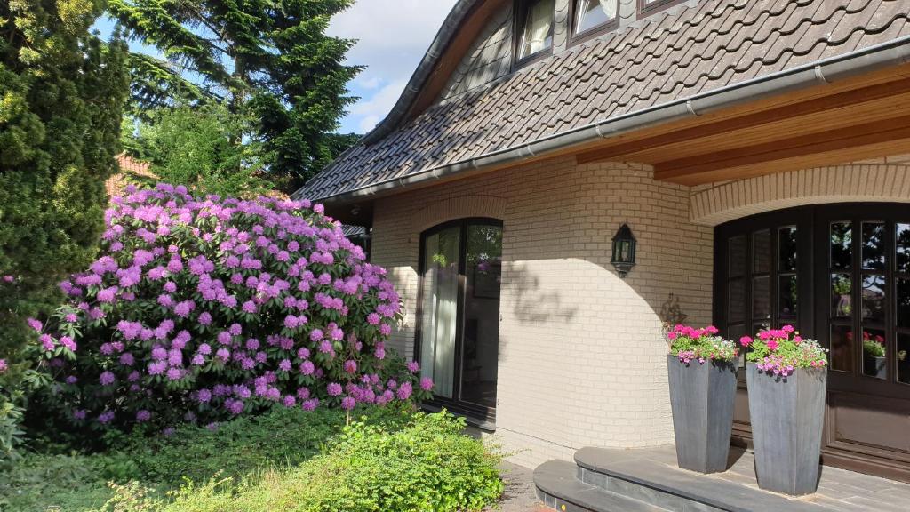 two vases of flowers in front of a house at Apartment Schomaker-Fatmann in Werlte