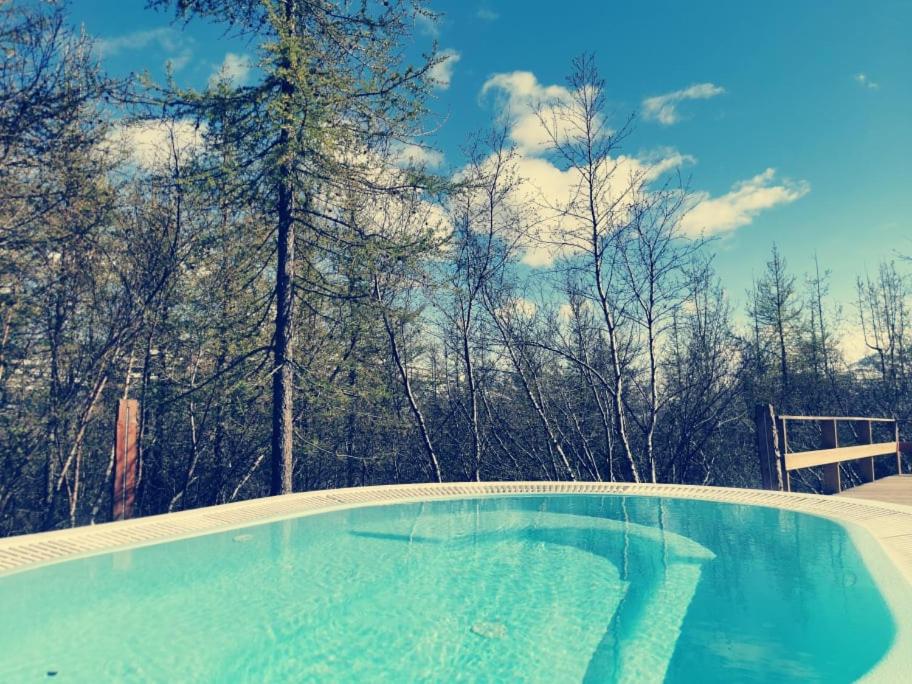una piscina vuota con alberi sullo sfondo di Hotel Kjarnalundur- Aurora Dream - Lodges and Rooms ad Akureyri