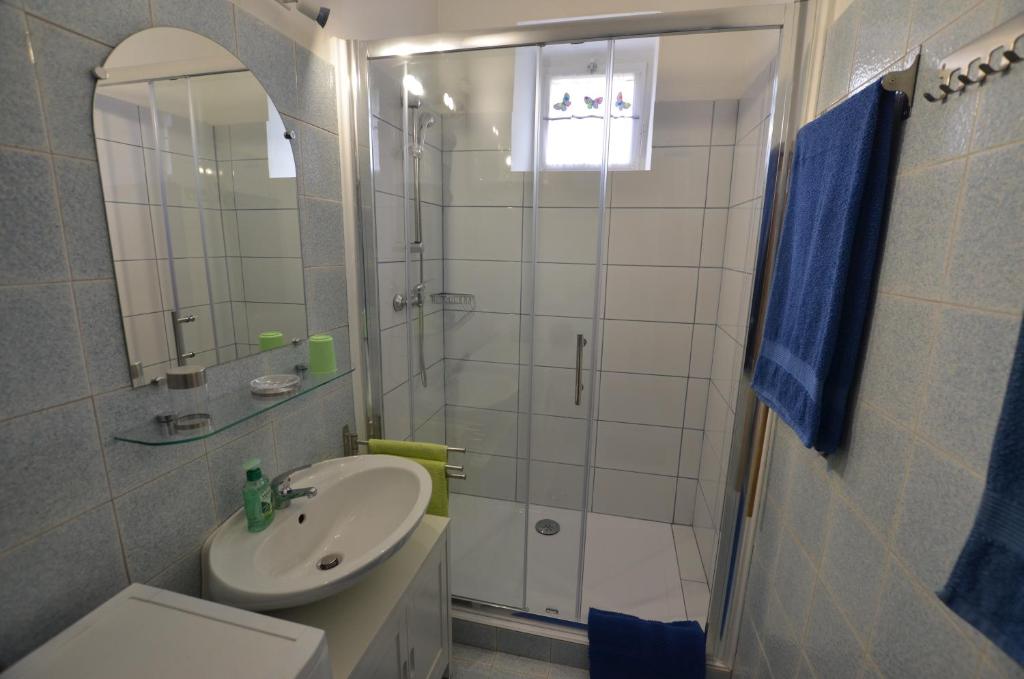 W łazience znajduje się toaleta z umywalką i prysznic. w obiekcie Carmelo House w Rovinj