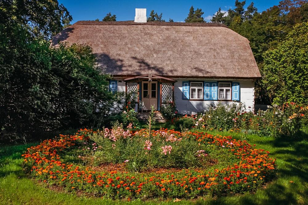 Casa pequeña con techo de paja y jardín de flores en Siedlisko olenderskie na Mazowszu, en Łady